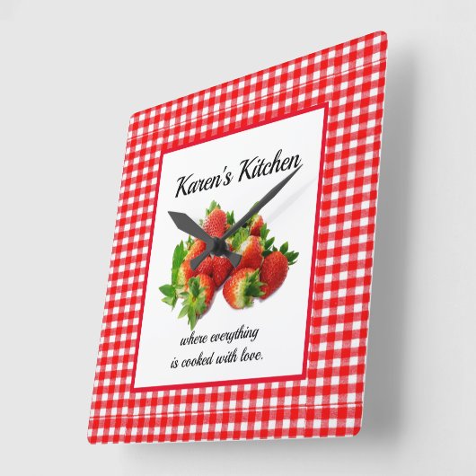 Rode gingham en aardbeien wandklok (Hoek)