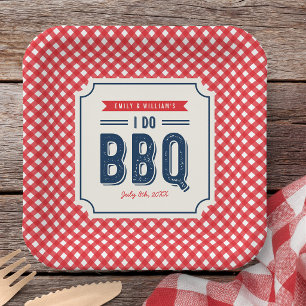 Rode Gingham en Blauw Verloving BBQ Feest  Papieren Bordje