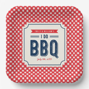Rode Gingham en Blauw Verloving BBQ Feest  Papieren Bordje