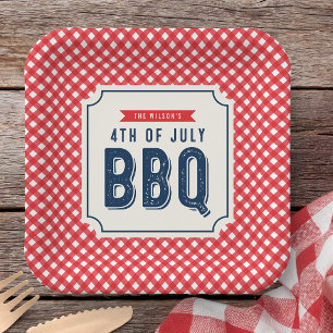 Rode Gingham en Blauwe 4 juli BBQ  Papieren Bordje