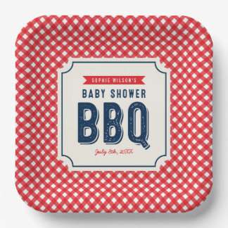 Rode Gingham en Blauwe Baby Shower BBQ Papieren Bordje