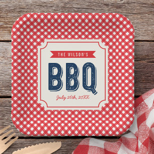 Rode Gingham en Blauwe Zomer BBQ Papieren Bordje