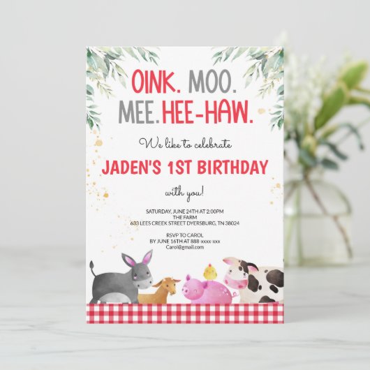 Rode Gingham Farm Animals Kaart (Staand voorkant)