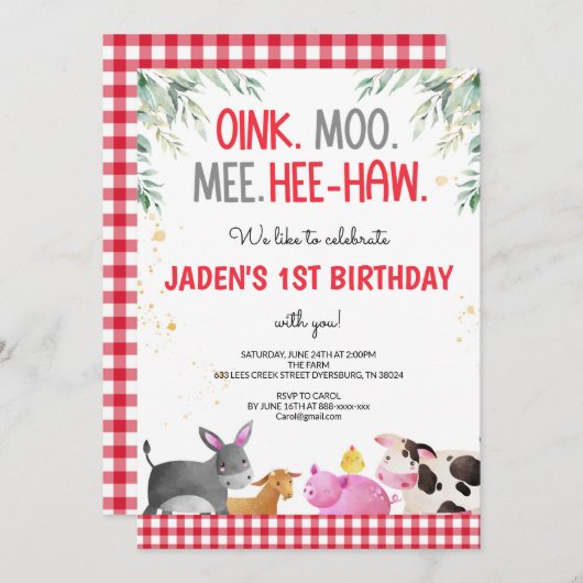 Rode Gingham Farm Animals Kaart (Voorkant / Achterkant)