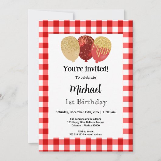 Rode Gingham, Feestballonnen 1e Verjaardag Kaart (Voorkant)