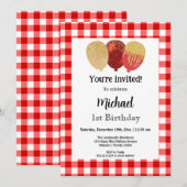 Rode Gingham, Feestballonnen 1e Verjaardag Kaart (Voorkant / Achterkant)