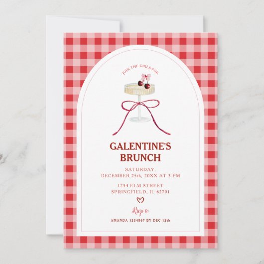 Rode Gingham Galentine's Brunch Kersencocktail Kaart (Voorkant)