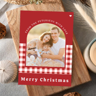 Rode gingham geruite familiefoto Prettig kerstfees Feestdagenkaart