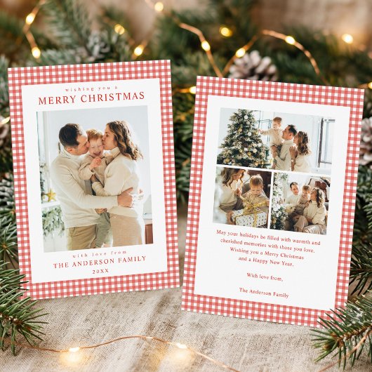 Rode Gingham Kerst Foto Feestdagenkaart