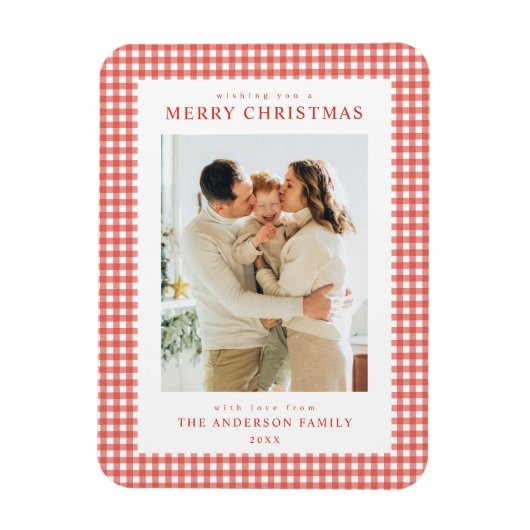 Rode Gingham Kerst Foto Magneet (Verticaal)