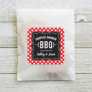 Rode Gingham Koppel Bruiloft BBQ Vierkante Sticker