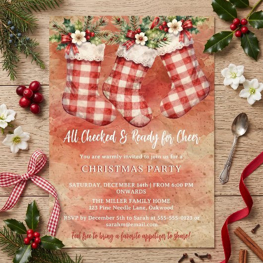 Rode Gingham Kous Potluck Kerstfeest Kaart