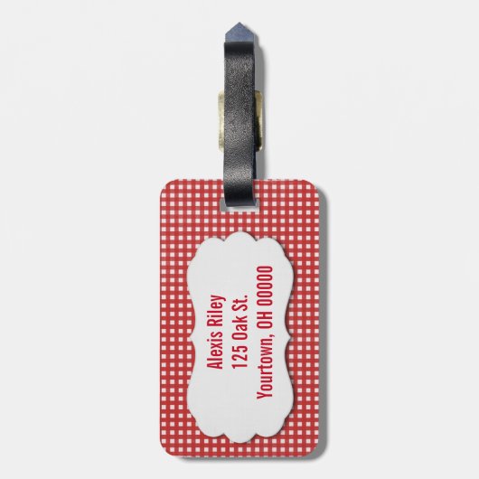 rode gingham met afgeschuind label bagagelabel (Achterkant verticaal)