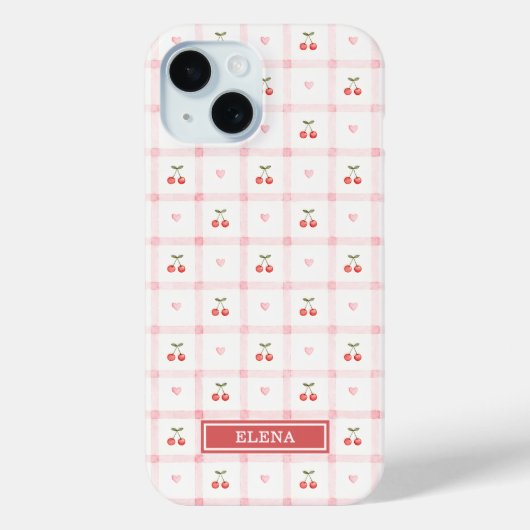 Rode Gingham met Kersen en Strikken met Monogram Case-Mate iPhone Case (Achterkant)