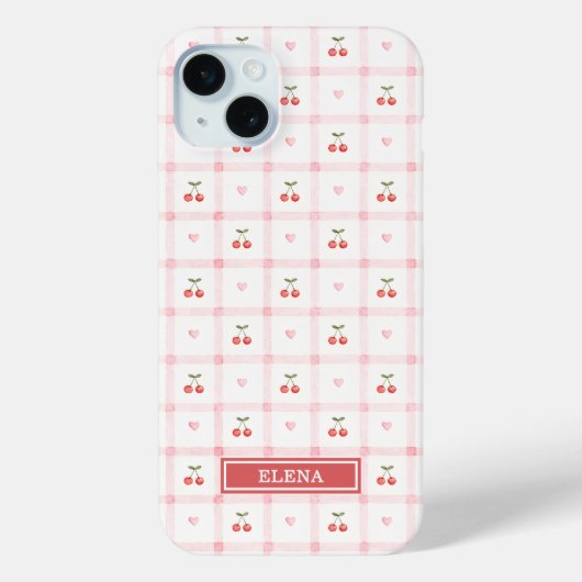 Rode Gingham met Kersen en Strikken met Monogram Case-Mate iPhone Case (Achterkant)