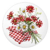 Rode Gingham met rood en wit bloemenboeket Keramische Knop (Voorkant)