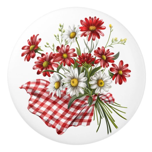 Rode Gingham met rood en wit bloemenboeket Keramische Knop (Voorkant)