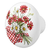 Rode Gingham met rood en wit bloemenboeket Keramische Knop (Rechts)