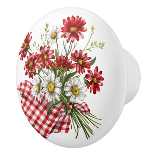 Rode Gingham met rood en wit bloemenboeket Keramische Knop (Rechts)