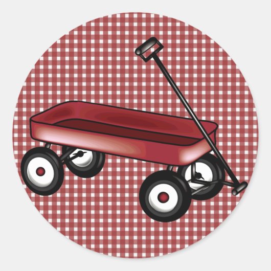 Rode gingham met wagen ronde sticker (Voorkant)