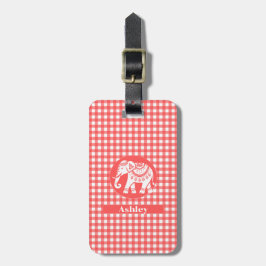 Rode Gingham Plaid met witte olifant en naam Bagagelabel
