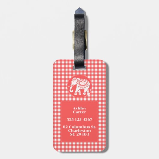 Rode Gingham Plaid met witte olifant en naam Bagagelabel (Achterkant verticaal)