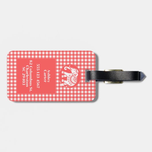 Rode Gingham Plaid met witte olifant en naam Bagagelabel (Achterkant horizontaal)
