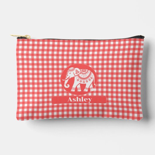 Rode Gingham Plaid met witte olifant en naam Etui (Voorkant)
