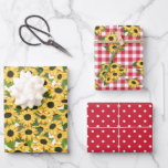 Rode Gingham Polka Dots Zonnebloem Bloemen Patrone Inpakpapier Vel<br><div class="desc">Zonnebloem wikkelpapier vellen met bijpassende gemengde patronen: een met veel gele zonnebloemen,  een met rode en witte stippen,  en een met rode gingham met zonnebloem clusters.</div>
