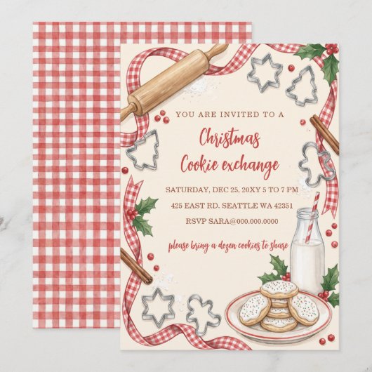 Rode Gingham Pret Cookie Uitwisseling Kerstfeest Kaart (Voorkant / Achterkant)