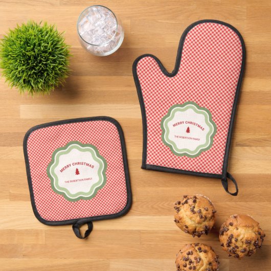 Rode Gingham Prettig Kerstmis Persoonlijk Ovenwant & Pannenlap Set (Top down)