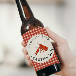 Rode Gingham Rivierkreeften Kookfeest Zeevoedsel F Bier Etiket