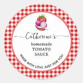 Rode gingham ruit Thuisgemaakte tomatensaus label (Voorkant)
