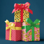 Rode Gingham Stippen Zonnebloem Bloemmotieven Inpakpapier Vel<br><div class="desc">Zonnebloem wikkelpapier vellen met bijpassende gemengde patronen: één met veel gele zonnebloemen,  één met rode en witte stippen en één met rode gingham met zonnebloemclusters.</div>