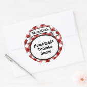 Rode Gingham tomatensaus of recept pot/deksel labe Ronde Sticker (Envelop)