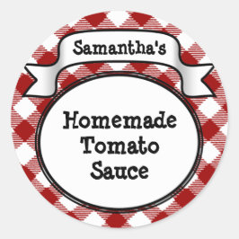 Rode Gingham tomatensaus of recept pot/deksel labe Ronde Sticker