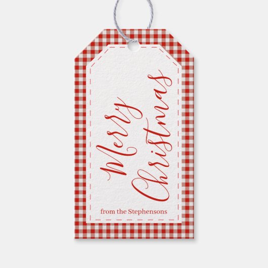 Rode Gingham Zalig Kerst Cadeaubijsluiter Cadeaulabel (Voorkant)