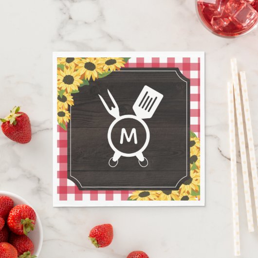 Rode Gingham & Zonnebloemen Rustieke Gegraveerde B Servet (Insitu)