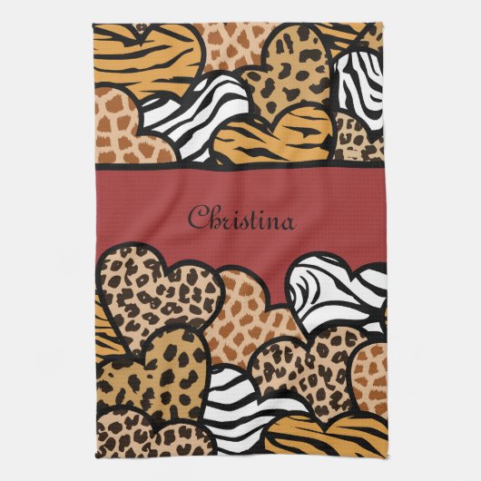 Rode Girly dierprint harten met een naam Theedoek (Verticaal)