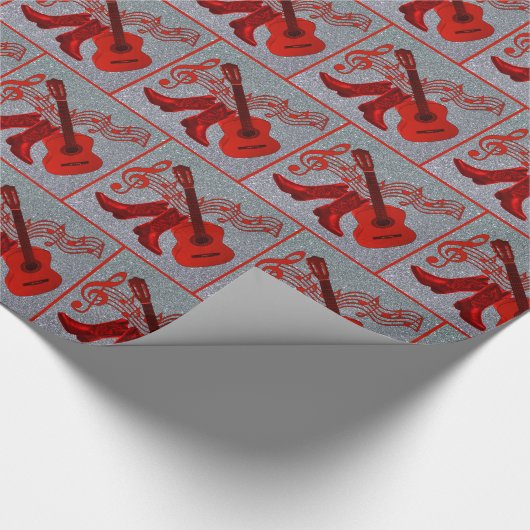 Rode Gitaar Cowboy Boots Muziek Faux Glitter Zilve Cadeaupapier (Hoek)