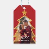 Rode Glanzende Kerstboom Gepersonaliseerde Foto Cadeaulabel (Achterkant)