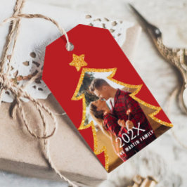 Rode Glanzende Kerstboom Gepersonaliseerde Foto Cadeaulabel
