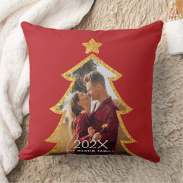 Rode Glanzende Kerstboom Gepersonaliseerde Foto Kussen