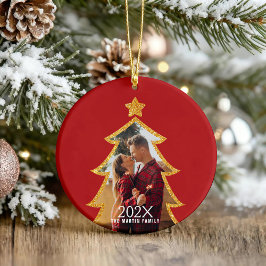 Rode Glanzende Kerstboom Gepersonaliseerde Foto Ornament