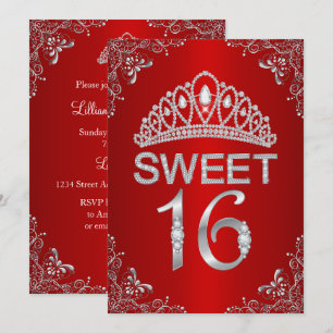 Rode glinsterende diamanten tiara Sweet 16 uitnodi Kaart