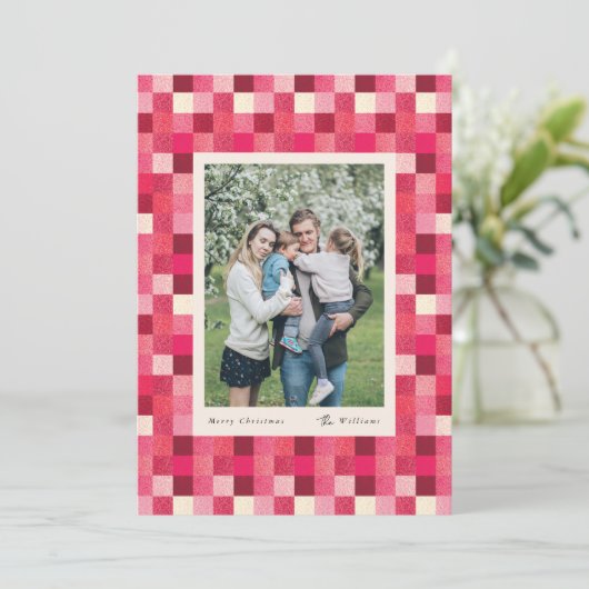Rode glinsterende geruite lijst kerst vakantiekaar feestdagenkaart (Staand voorkant)