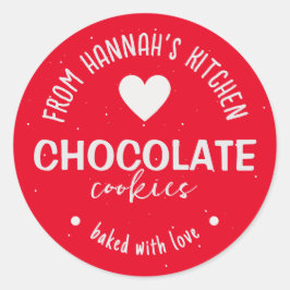 Rode glitter achtergrond gebakken met liefde ronde sticker