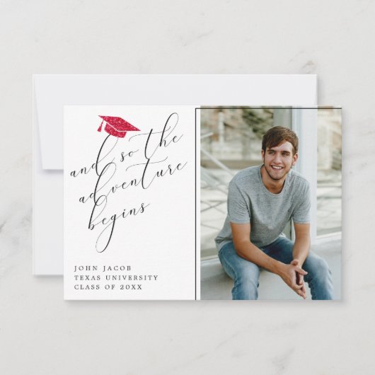 Rode Glitter Afstuderen Pet met Quotes Foto Aankondiging (Voorkant)