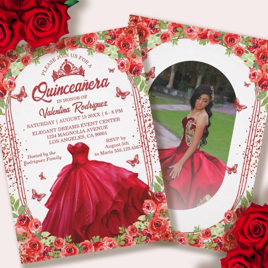 Rode Glitter Bloemen Sparkle Quinceanera Kaart