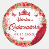Rode Glitter Bloemen Sparkle Quinceanera Ronde Sticker (Voorkant)